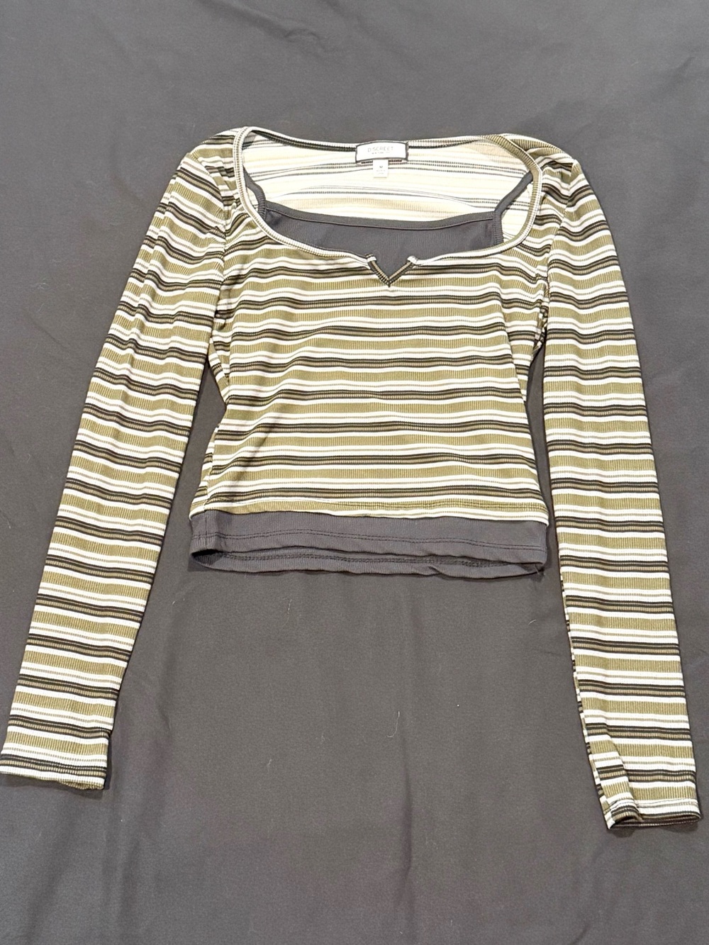 Striped Long-Sleeve Scoop Neck Top - Olive/Charcoal